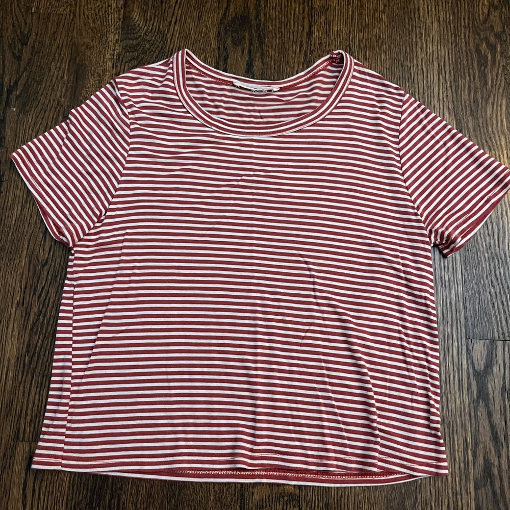 caution to the wind striped red/dark pink cropped shirt